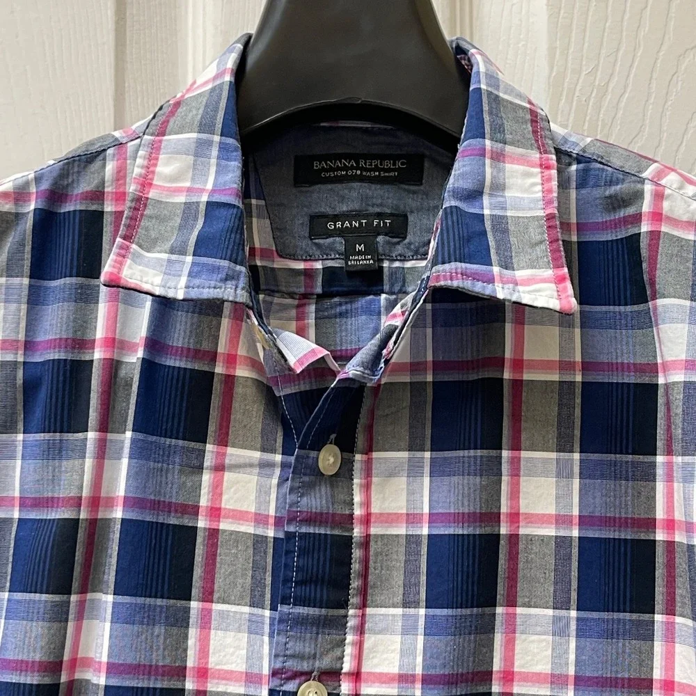 Banana Republic Men's M Grant‎ Fit Shirt Navy Pink Blue Plaid Oxford EUC